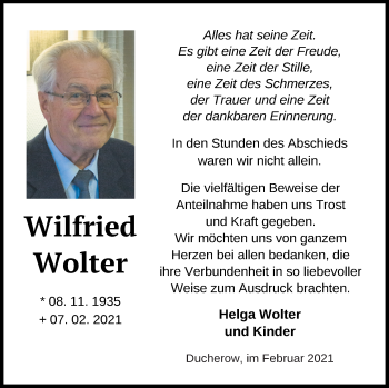 Traueranzeige von Wilfried Wolter von Vorpommern Kurier