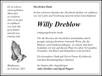 Traueranzeige von Willy Dreblow von Pasewalker Zeitung