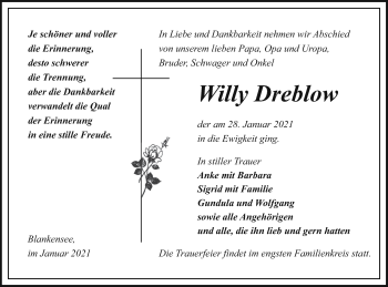 Traueranzeige von Willy Dreblow von Pasewalker Zeitung