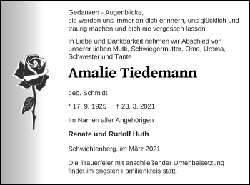 Traueranzeige von Amalie Tiedemann von Demminer Zeitung