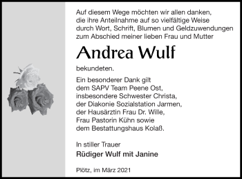 Traueranzeige von Andrea Wulf von Vorpommern Kurier