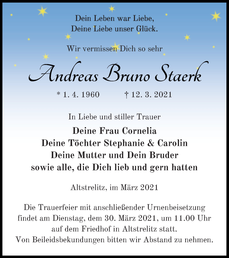  Traueranzeige für Andreas Bruno Staerk vom 24.03.2021 aus Strelitzer Zeitung