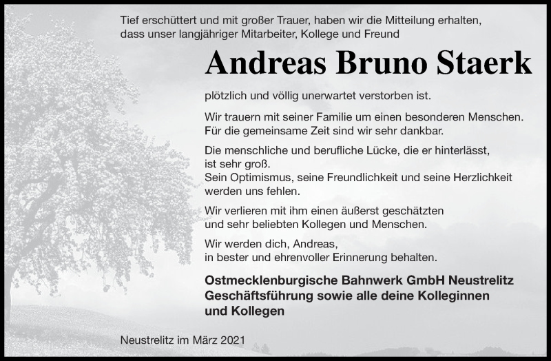  Traueranzeige für Andreas Bruno Staerk vom 27.03.2021 aus Strelitzer Zeitung