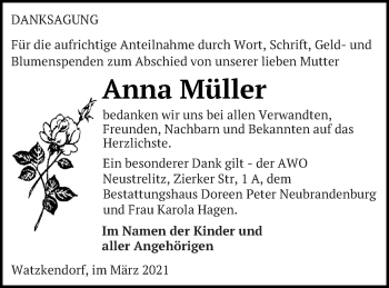 Traueranzeige von Anna Müller von Strelitzer Zeitung