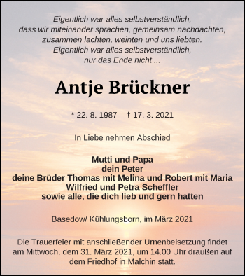 Traueranzeige von Antje Brückner von Mecklenburger Schweiz