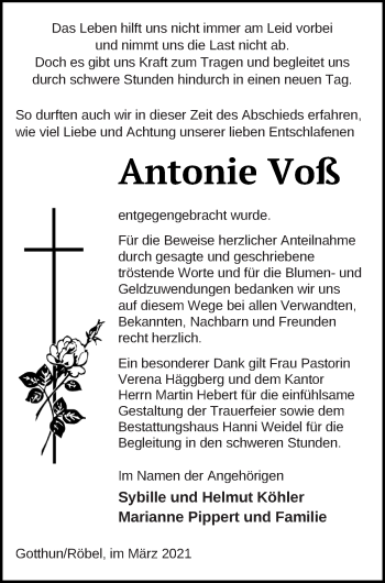 Traueranzeige von Antonie Voß von Müritz-Zeitung