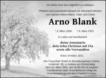 Traueranzeige von Arno Blank von Vorpommern Kurier