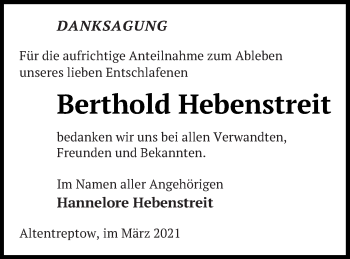 Traueranzeige von Berthold Hebenstreit von Neubrandenburger Zeitung