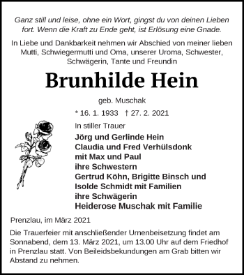 Traueranzeige von Brunhilde Hein von Pasewalker Zeitung
