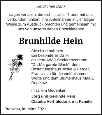 Traueranzeige von Brunhilde Hein von Prenzlauer Zeitung