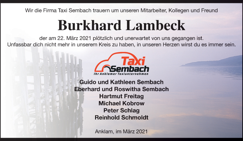  Traueranzeige für Burkhard Lambeck vom 30.03.2021 aus Vorpommern Kurier