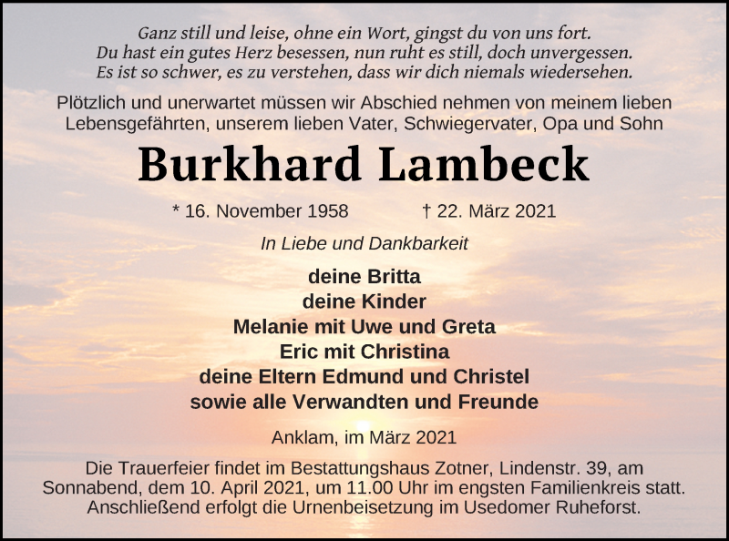  Traueranzeige für Burkhard Lambeck vom 27.03.2021 aus Vorpommern Kurier