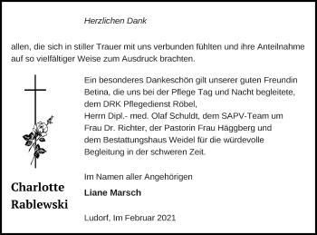 Traueranzeige von Charlotte Rablewski von Müritz-Zeitung