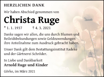 Traueranzeige von Christa Ruge von Vorpommern Kurier