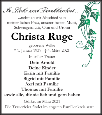 Traueranzeige von Christa Ruge von Vorpommern Kurier