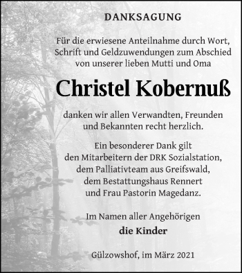 Traueranzeige von Christel Kobernuß von Vorpommern Kurier