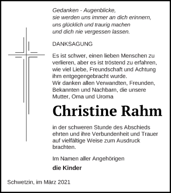 Traueranzeige von Christine Rahm von Mecklenburger Schweiz