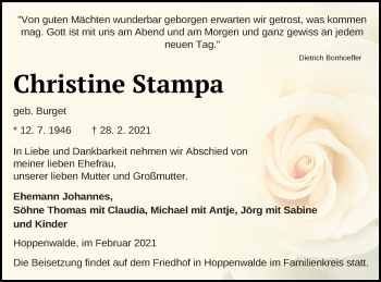 Traueranzeige von Christine Stampa von Haff-Zeitung