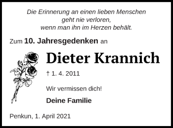 Traueranzeige von Dieter Krannich von Pasewalker Zeitung