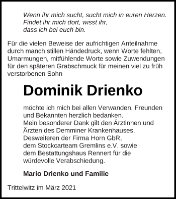 Traueranzeige von Dominik Drienko von Demminer Zeitung
