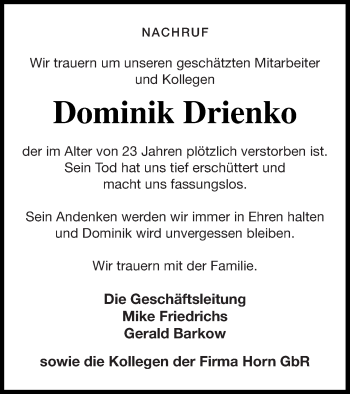 Traueranzeige von Dominik Drienko von Demminer Zeitung
