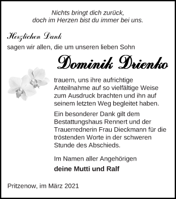 Traueranzeige von Dominik Drienko von Demminer Zeitung