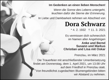 Traueranzeige von Dora Schwarz von Prenzlauer Zeitung