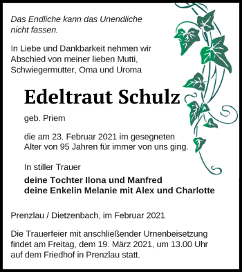 Traueranzeige von Edeltraut Schulz von Prenzlauer Zeitung