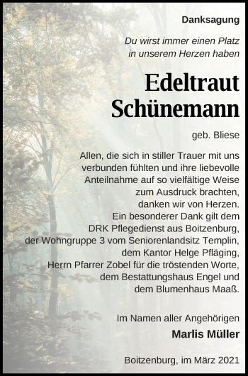 Traueranzeige von Edeltraut Schünemann von Prenzlauer Zeitung