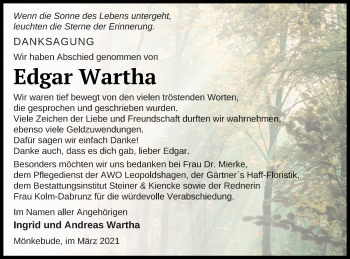 Traueranzeige von Edgar Wartha von Haff-Zeitung