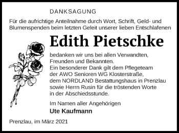 Traueranzeige von Edith Pietschke von Prenzlauer Zeitung