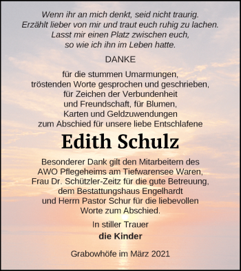 Traueranzeige von Edith Schulz von Müritz-Zeitung