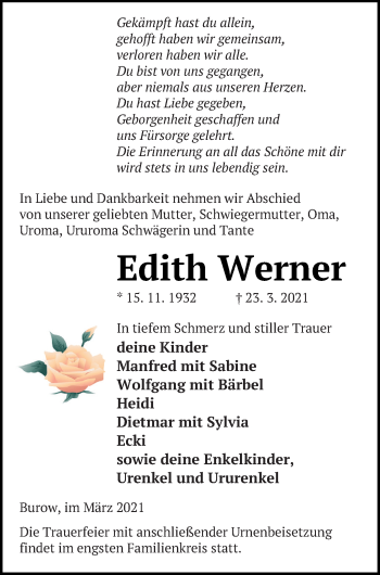 Traueranzeige von Edith Werner von Neubrandenburger Zeitung