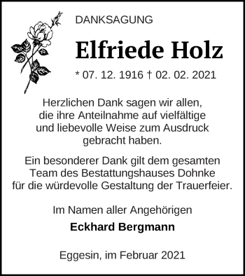 Traueranzeige von Elfriede Holz von Haff-Zeitung