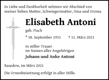 Traueranzeige von Elisabeth Antoni von Mecklenburger Schweiz