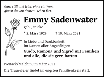 Traueranzeige von Emmy Sadenwater von Mecklenburger Schweiz