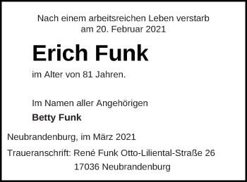 Traueranzeige von Erich Funk von Vorpommern Kurier
