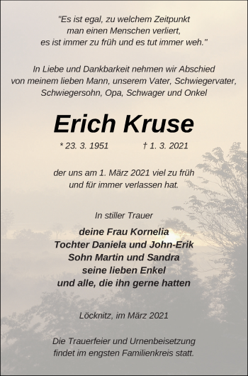 Traueranzeige von Erich Kruse von Pasewalker Zeitung