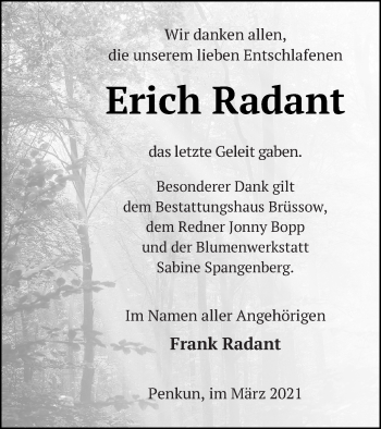 Traueranzeige von Erich Radant von Pasewalker Zeitung