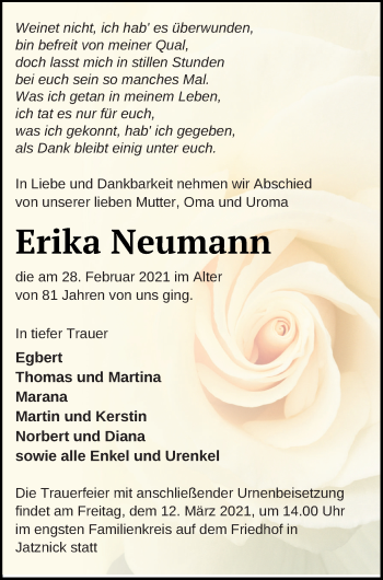 Traueranzeige von Erika Neumann von Pasewalker Zeitung