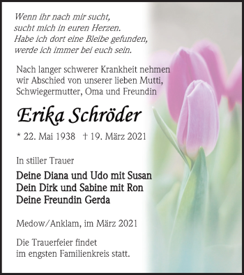 Traueranzeige von Erika Schröder von Vorpommern Kurier