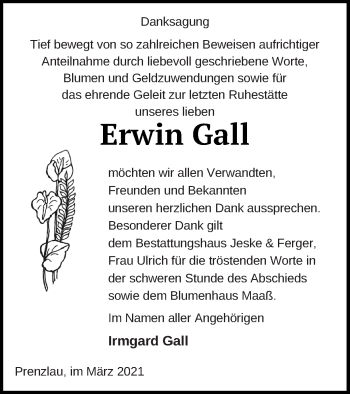 Traueranzeige von Erwin Gall von Prenzlauer Zeitung