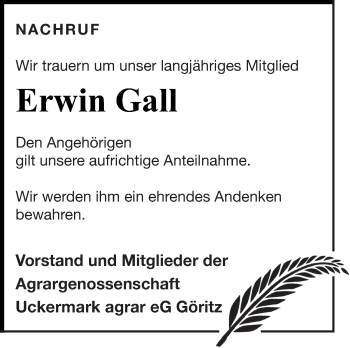 Traueranzeige von Erwin Gall von Prenzlauer Zeitung