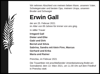 Traueranzeige von Erwin Gall von Prenzlauer Zeitung