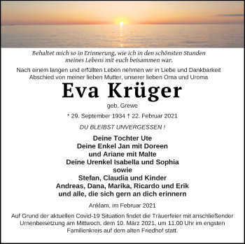Traueranzeige von Eva Krüger von Vorpommern Kurier