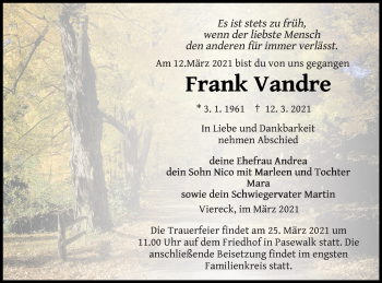 Traueranzeige von Frank Vandre von Pasewalker Zeitung