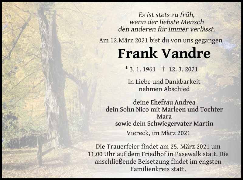  Traueranzeige für Frank Vandre vom 20.03.2021 aus Pasewalker Zeitung