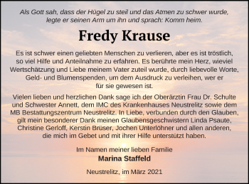 Traueranzeige von Fredy Krause von Strelitzer Zeitung