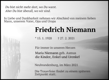 Traueranzeige von Friedrich Niemann von Neubrandenburger Zeitung