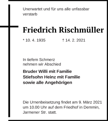 Traueranzeige von Friedrich Rischmüller von Demminer Zeitung